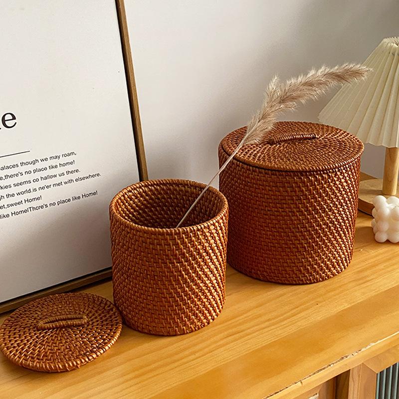 Scatola portaoggetti in rattan Scatole portaoggetti rotonde fatte a mano Stile giapponese Cesto per organizzare generi alimentari domestici Accessori per l'organizzazione