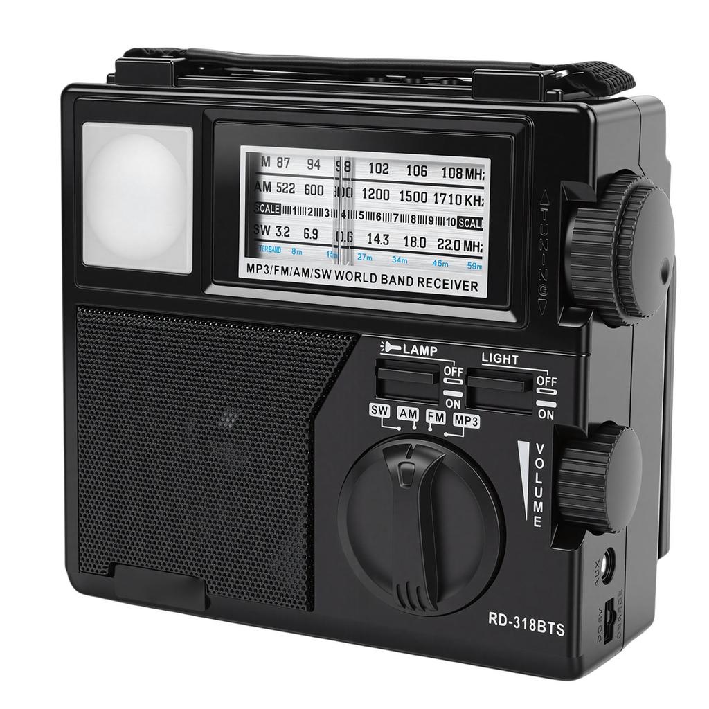 AM FM SW Radio Solar Battery Operated USB Rechargeable Bluethooth Portable Radio Supports Memory Card USB Playback with