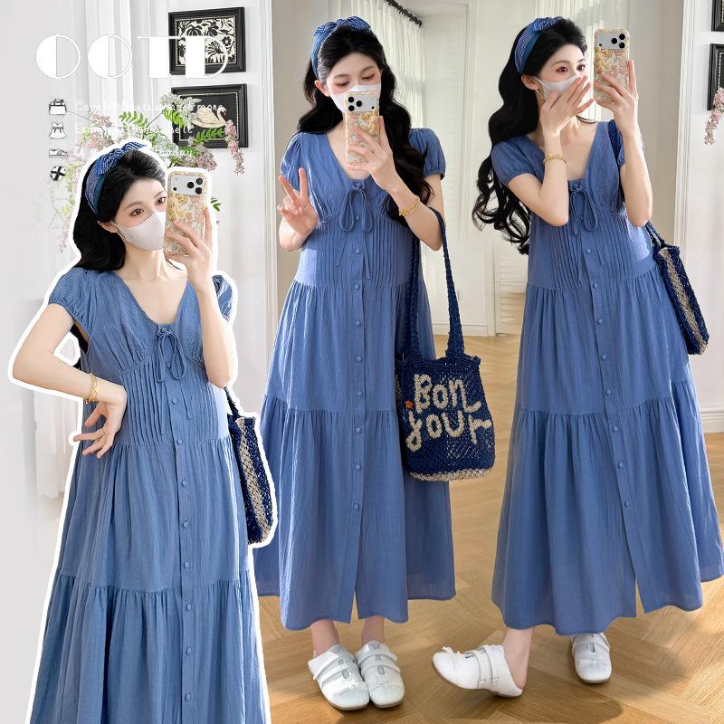 2026 Summer V-Neck Maternity Maxi Dress - Korean Style, Loose, and Fashionable XL