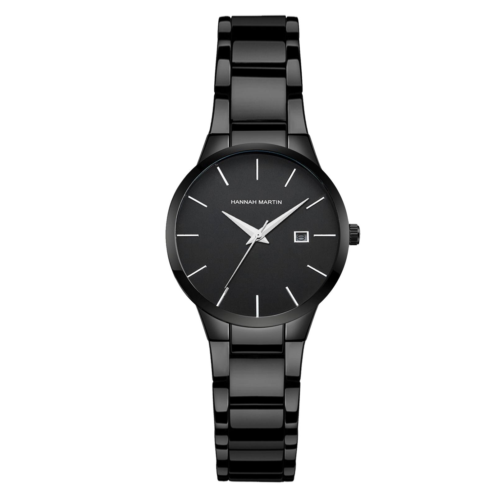 Hannah Martin Custom 28mm Thin Stainless Steel Band Business Quartz Watch Women Black Minimalist Wristwatch Calendar Watch Case Fashion