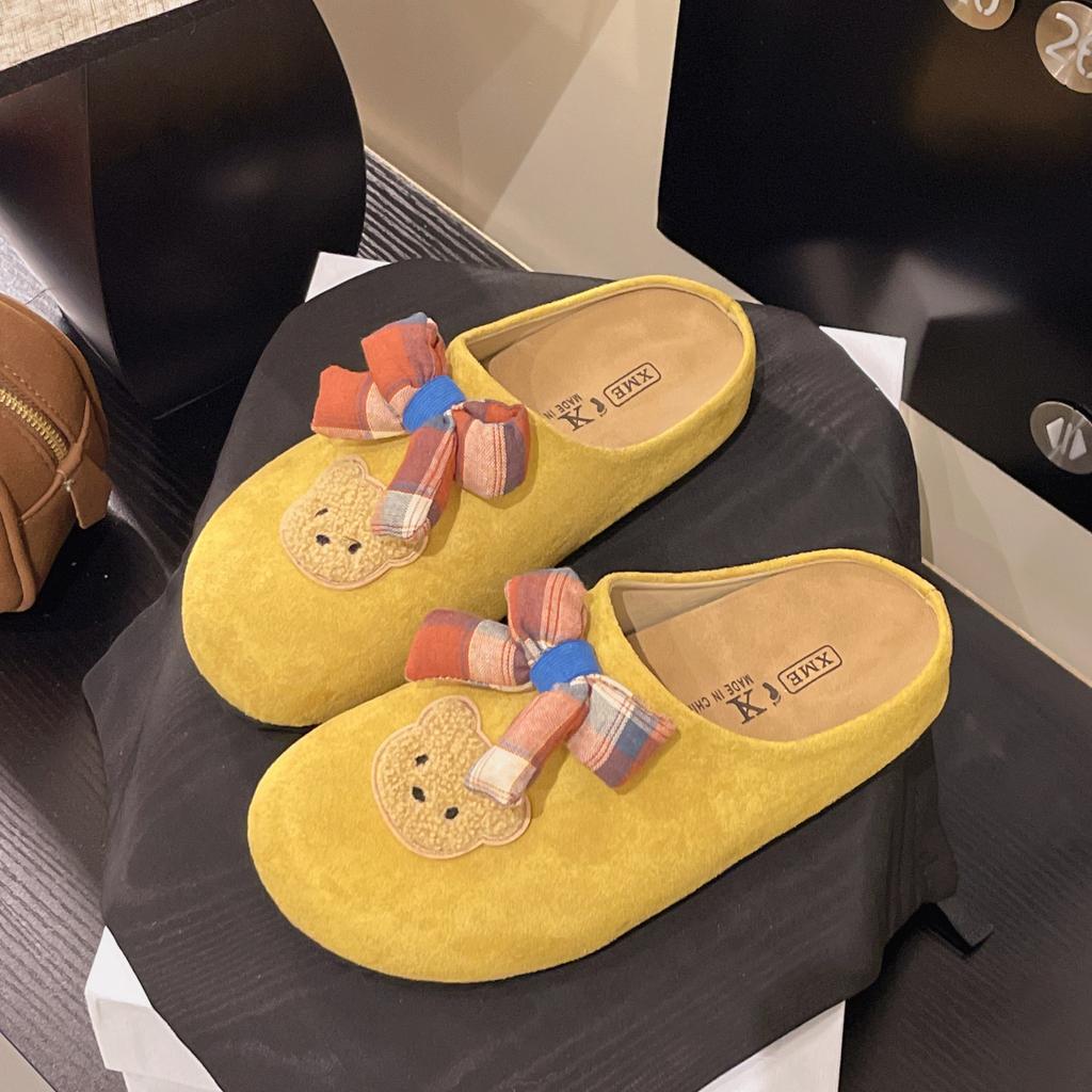 Autumn and winter fluffy shoes women's shoes women's one-word drag cute bear cartoon platform outdoor velvet thermal casual flat slippers