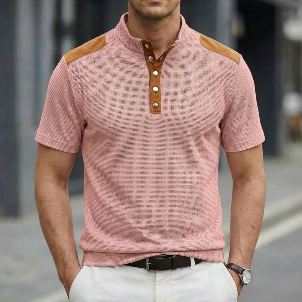 Mens Waffle Knit Henley Collar Short Sleeve Polo Shirt