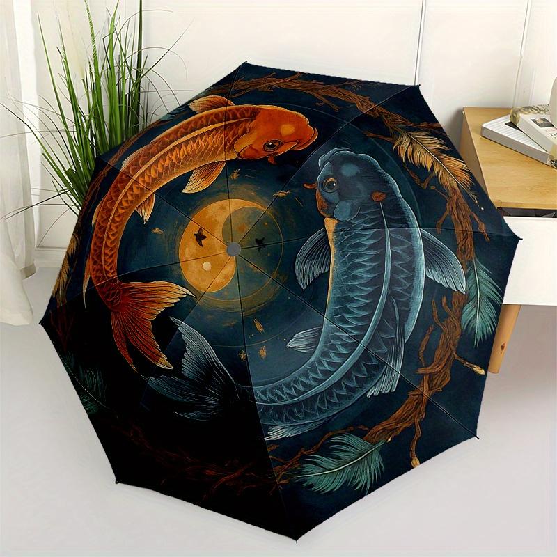 Yin Yang Koi Fish Circular  DecorUmbrella, Portable 3-Fold Compact Umbrella,Christmas Gift ES365