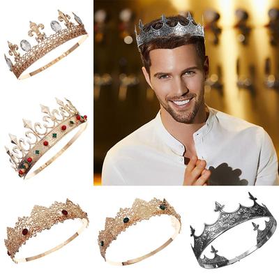 Corona de Rey Real y Reina para hombres/mujeres, coronas y Tiaras de Príncipe de Metal, sombreros de fiesta de cumpleaños redondos, accesorios de disfraz
