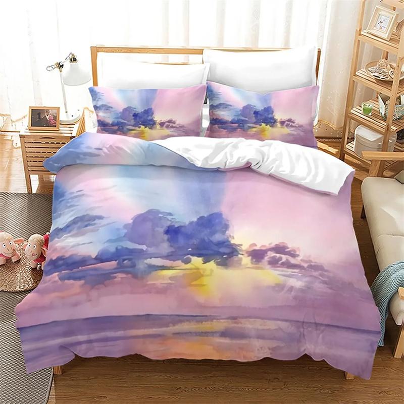 Ocean Duvet Cover Set Queen/Full Size Tropical Island with The Palm Trees and Sea Beach Nature Theme Print Polyester Bedding Set