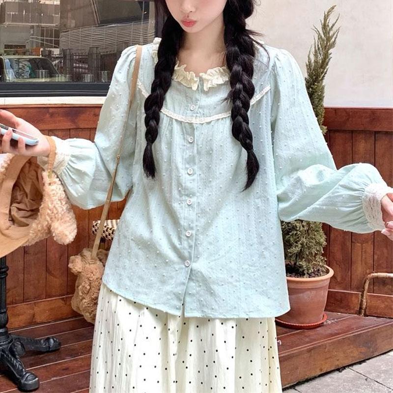 Spring Autumn Sweet Shirt French Lace Spliced Women's Polka Dot Chic Single-breasted Commute Long Sleeve Blouse