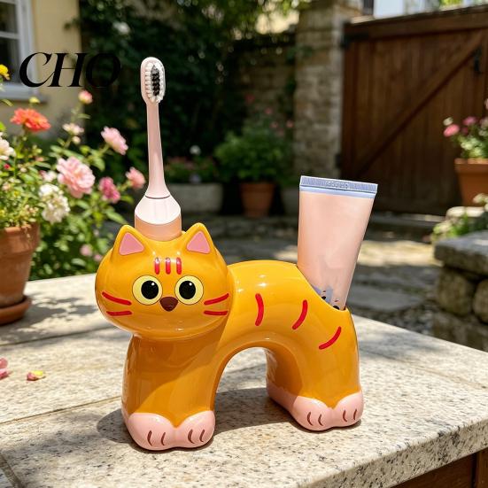 Porta Spazzolino Compatto, Forma di Gatto con Foro di Drenaggio, Impermeabile Resistente alla Muffa Organizer in Ceramica a Doppio Foro per Accessorio da Bagno