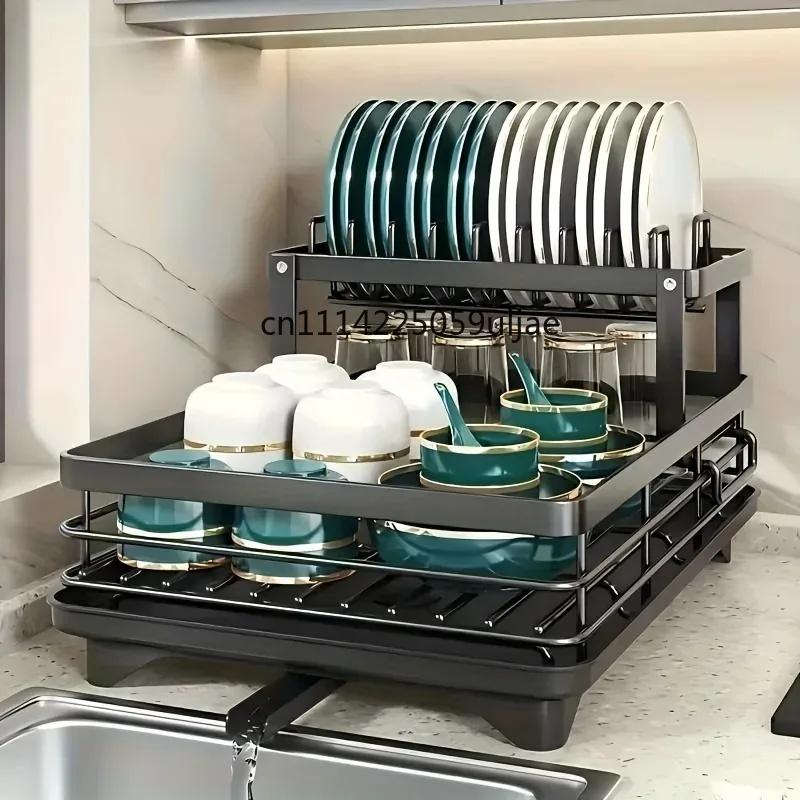 Extendable 1-Tier Metal Dish Drying Rack, Large Capacity Utensil Holder with Drain Board for Kitchen Counter