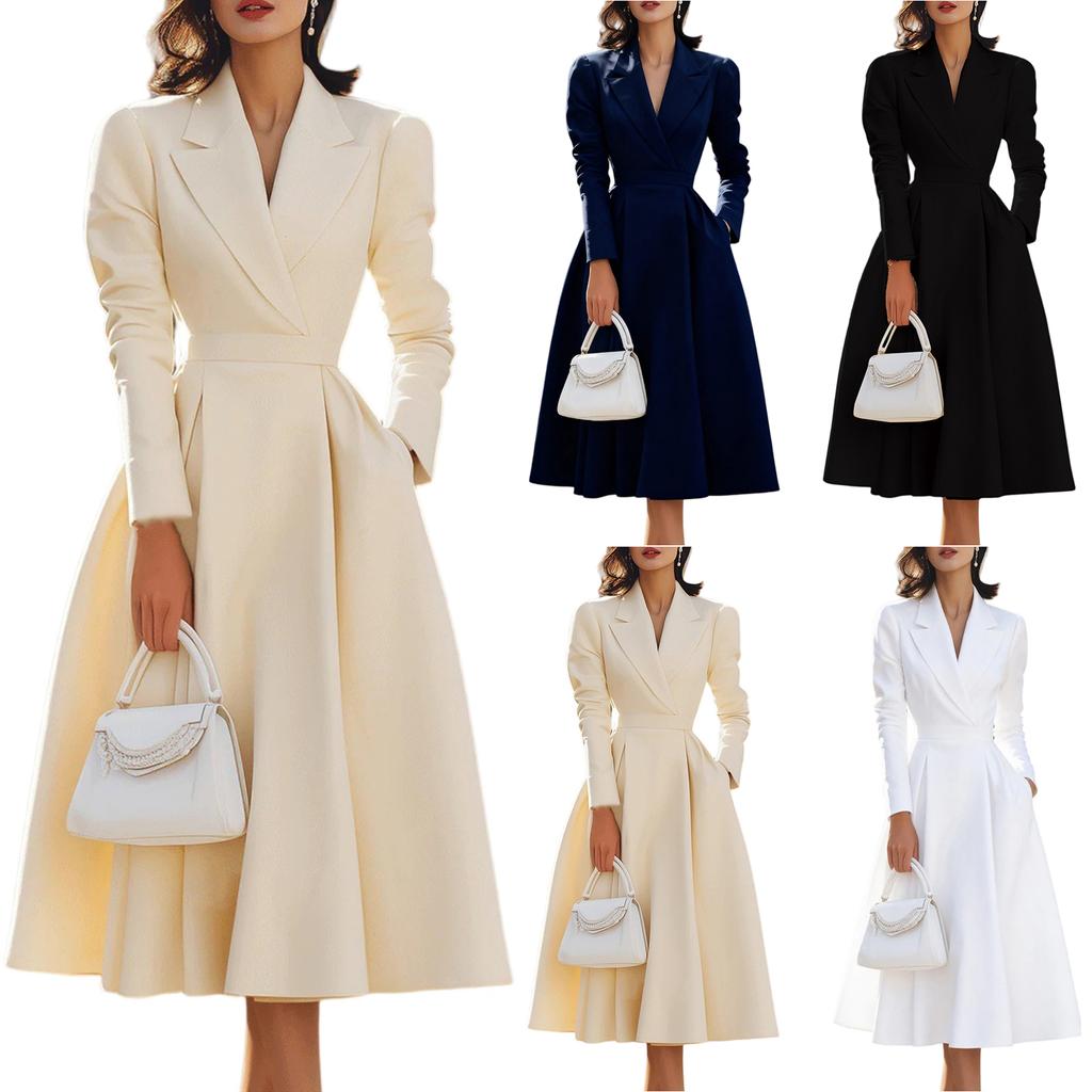 Women's Fashionable  Solid-Colour French V-Neck Elegant Waist-Cinching Slimming Sophisticated Evening Dress