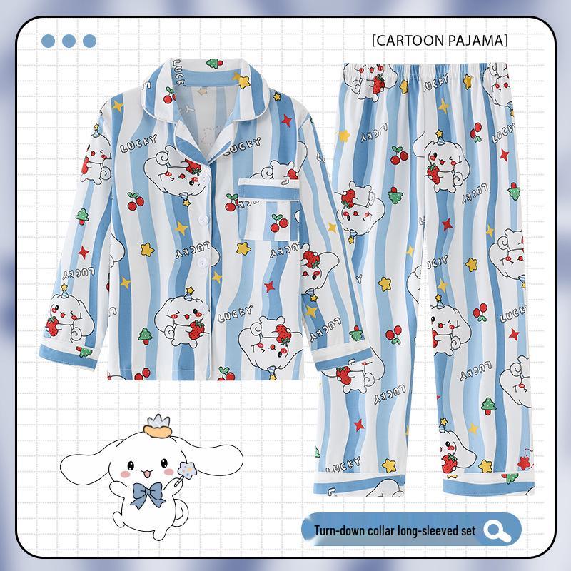 Children's Cartoon Print Pajama Set - Long Sleeve Cardigan with Turn-Down Collar, Imitation Cotton, for Spring and Autumn