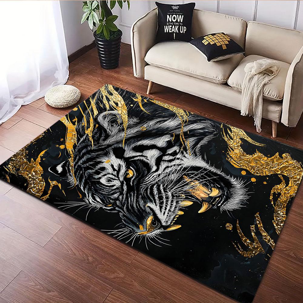 Fierce Tiger with Gold Accents Patterned Carpet, Suitable As a Non Slip Play Mat for the Living Room and Bedroom Sofa