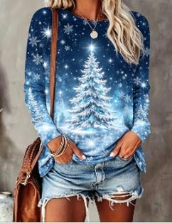 Women Crew Neck Long Sleeve Sweatshirt Christmas Tree Snowflake Ornament Print Casual Loose Pullover Ladies Holiday Tops