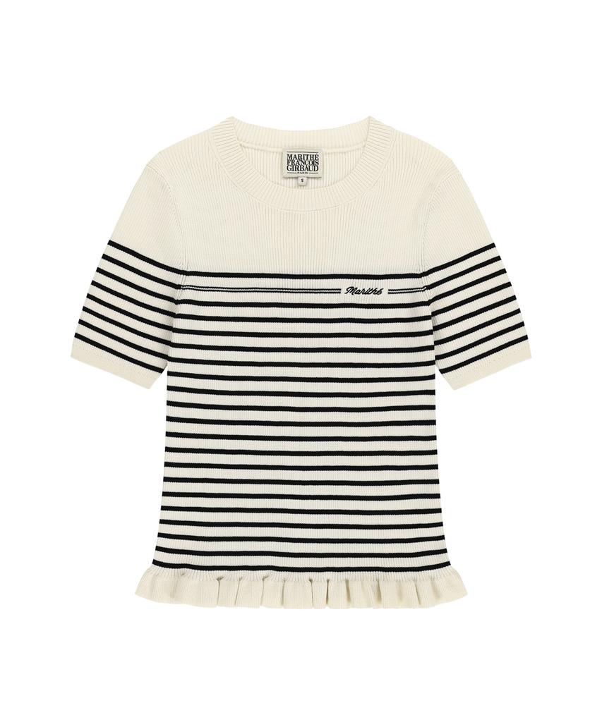 Malittepeulangsowajeobeo W Ruffle Point Stripe Half Knit Pullover Beige