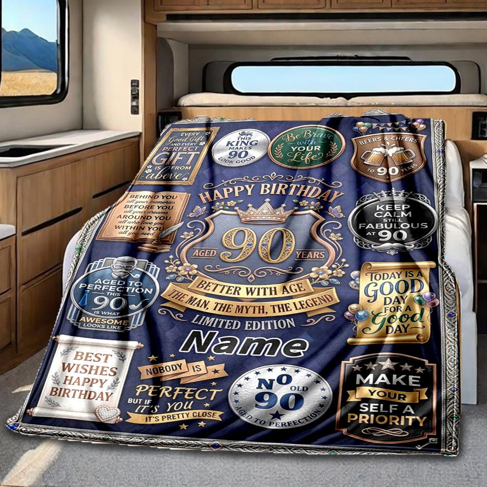 Elegant 90Th Birthday Celebration Poster Design Blanket Personalized Name Soft Comfortable Stylish Blanket Car Blanket Perfect For Travel Camping
