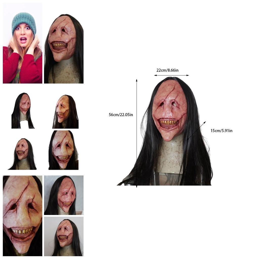 Halloween Horror Demon Mask With Long Hair Red-faced Devil Mask With Exposed Teeth