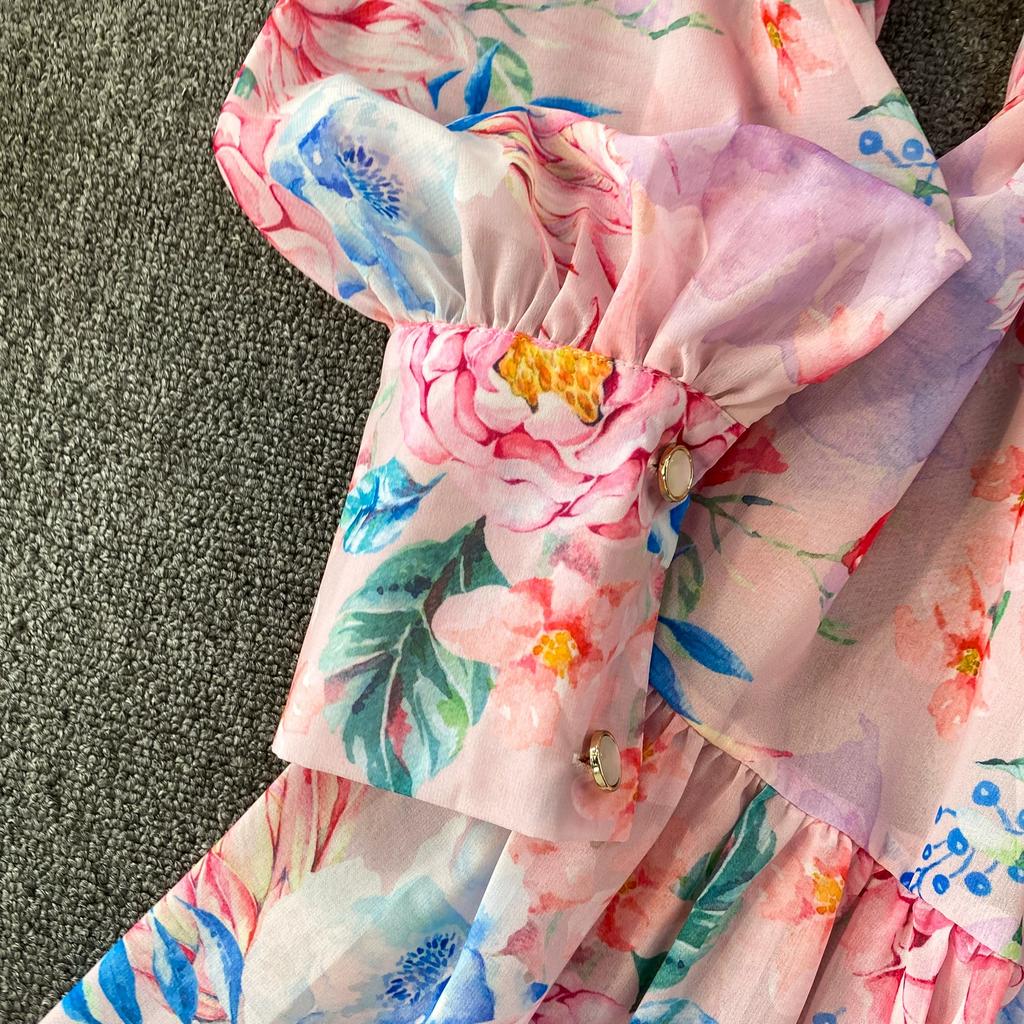 Spring Autumn Vintage Hydrangea Print  Long Sleeve Short Dress for Women Fashion Stand Collar Belt Slimming Ruffles Splice Mini Dress