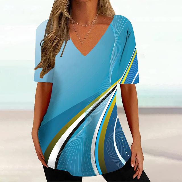 Tricou cu imprimeu curbat pentru femei, haine de vară cu decolteu în V, pentru femei, ocazional, cu mânecă scurtă.