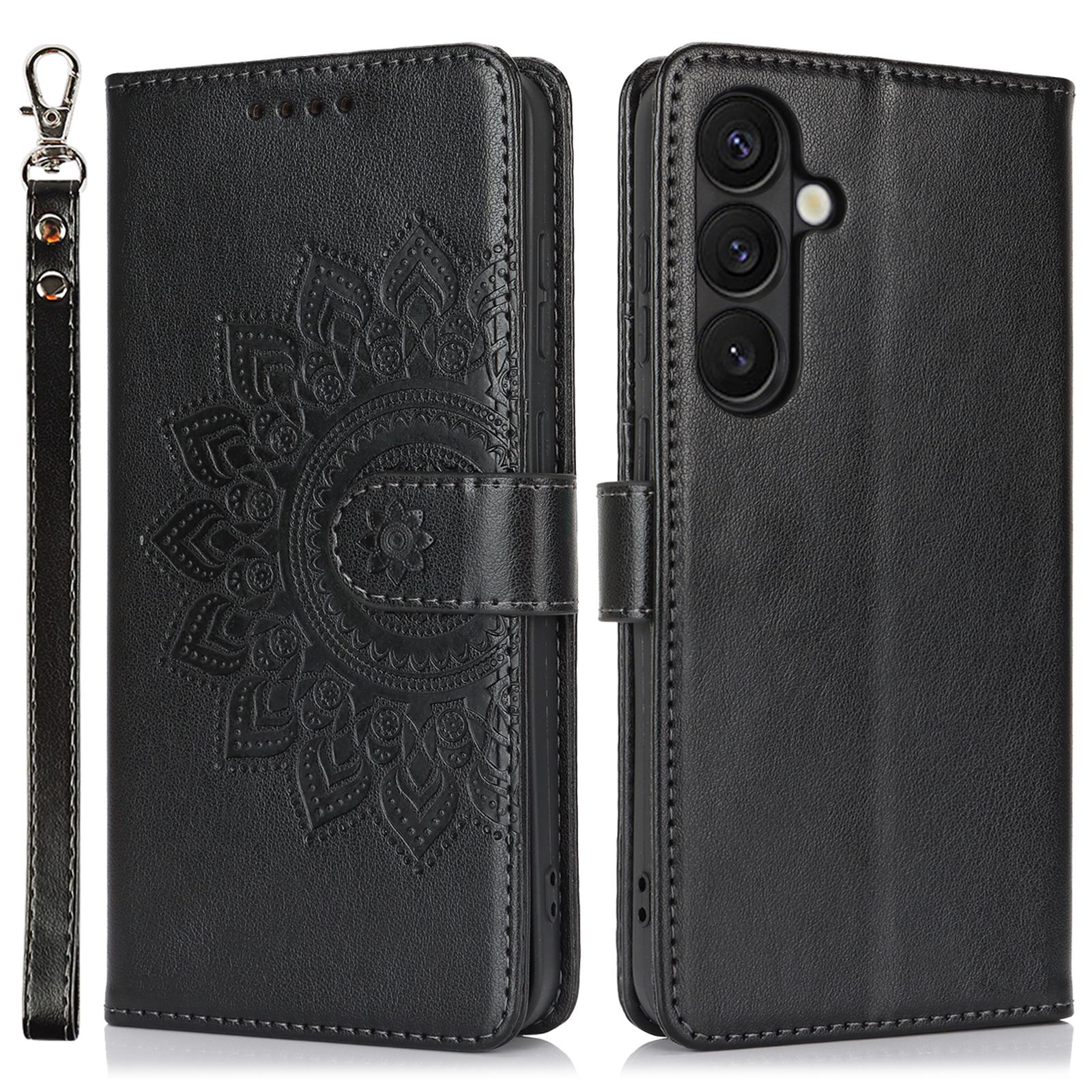 

For Samsung Galaxy S24 Case Textured Leather Wallet Phone Cover with Strap Black
