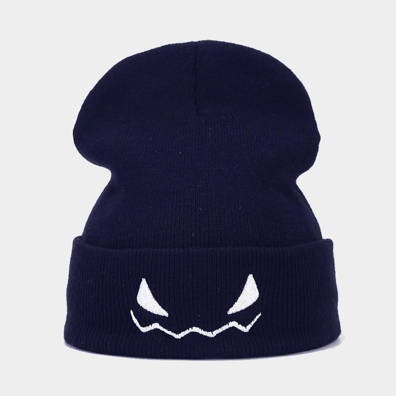 Halloween Pumpkin Demon Embroidered Orange Knit Beanie Unisex Fun Novelty Hat