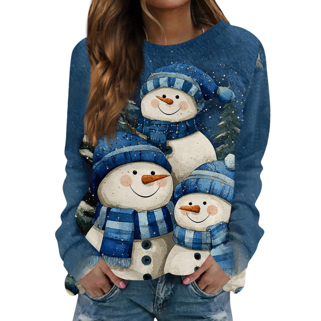 Women's Fashionable Casual Long-sleeved Retro Christmas Snowman Print Round Neck Top