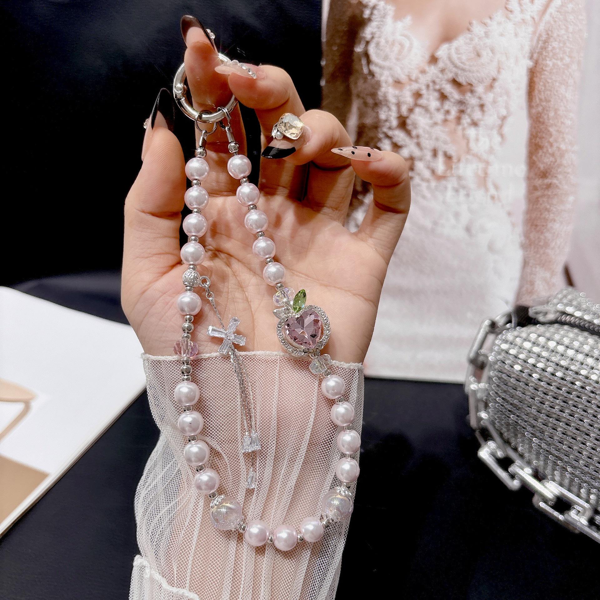 Elegant Fruit Heart Zircon Phone Charm: Rhinestone, Pearl, and Beaded Women s Wrist Keychain