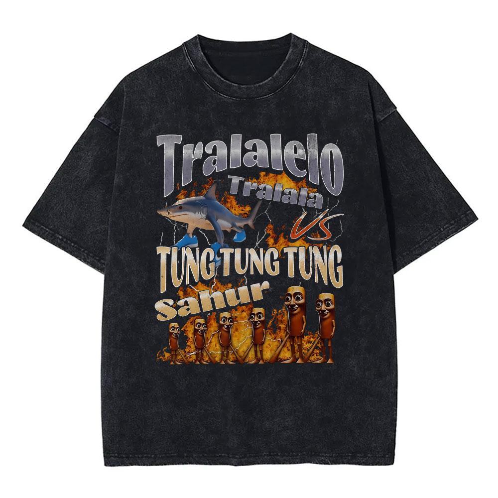Italian Brainrot Bombardiro Crocodilo Vintage Washed Tshirts Crocodile Plane Bomber Funny Meme Tshirt Man Fashion Streetwear
