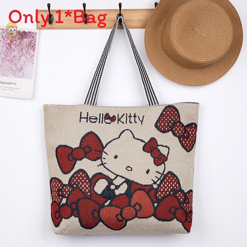 Elephant Hello Kitty Butterfly Embroidered Canvas Tote Bag With Seamed Stitching For Daily Use