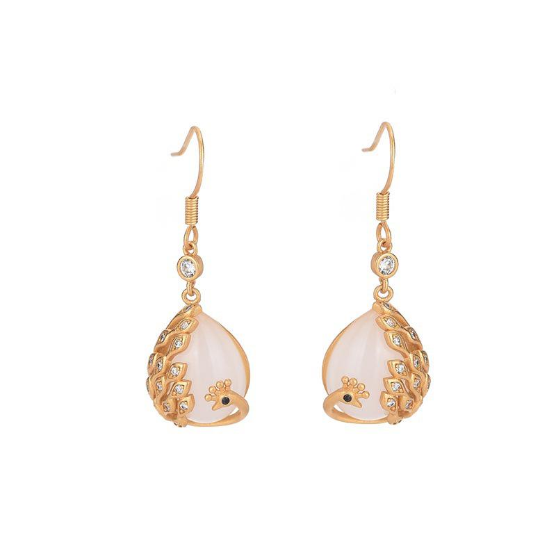 Peacock Imitation Hetian Jade Earrings: High-End Chinese Court Style with Fashionable Ear Hook for Women