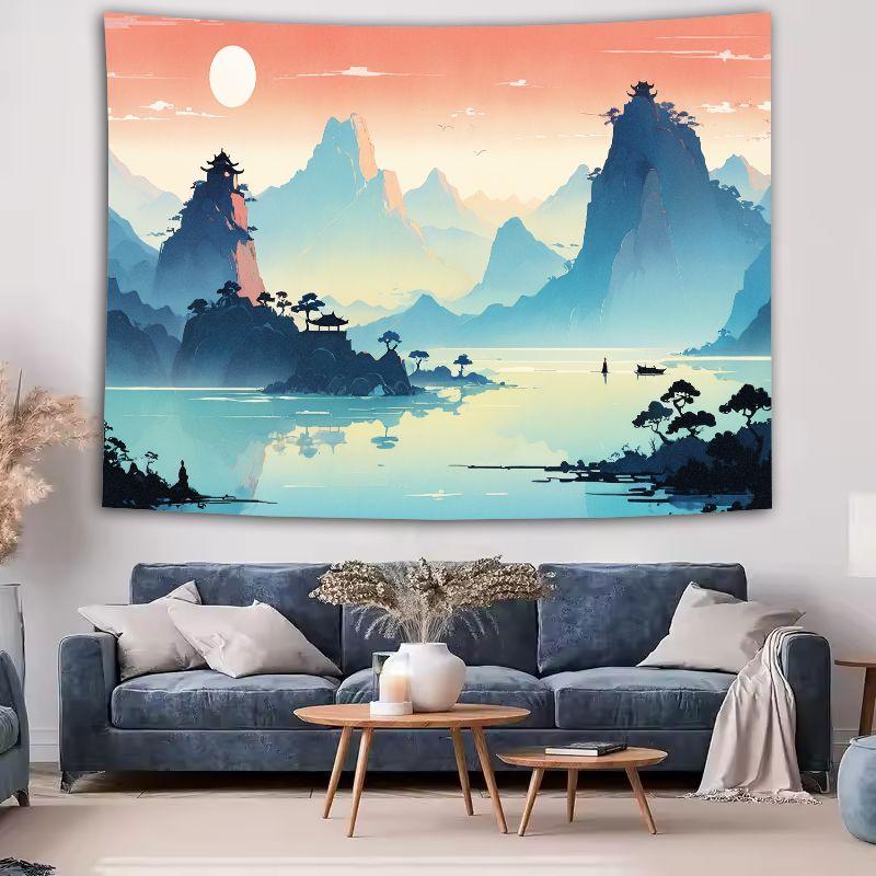 Gradient Landscape Tapestry, Ink-Wash Landscape Polyester Wall Hanging, Decorative Wall Hanging For The Living Room Or Bedroom