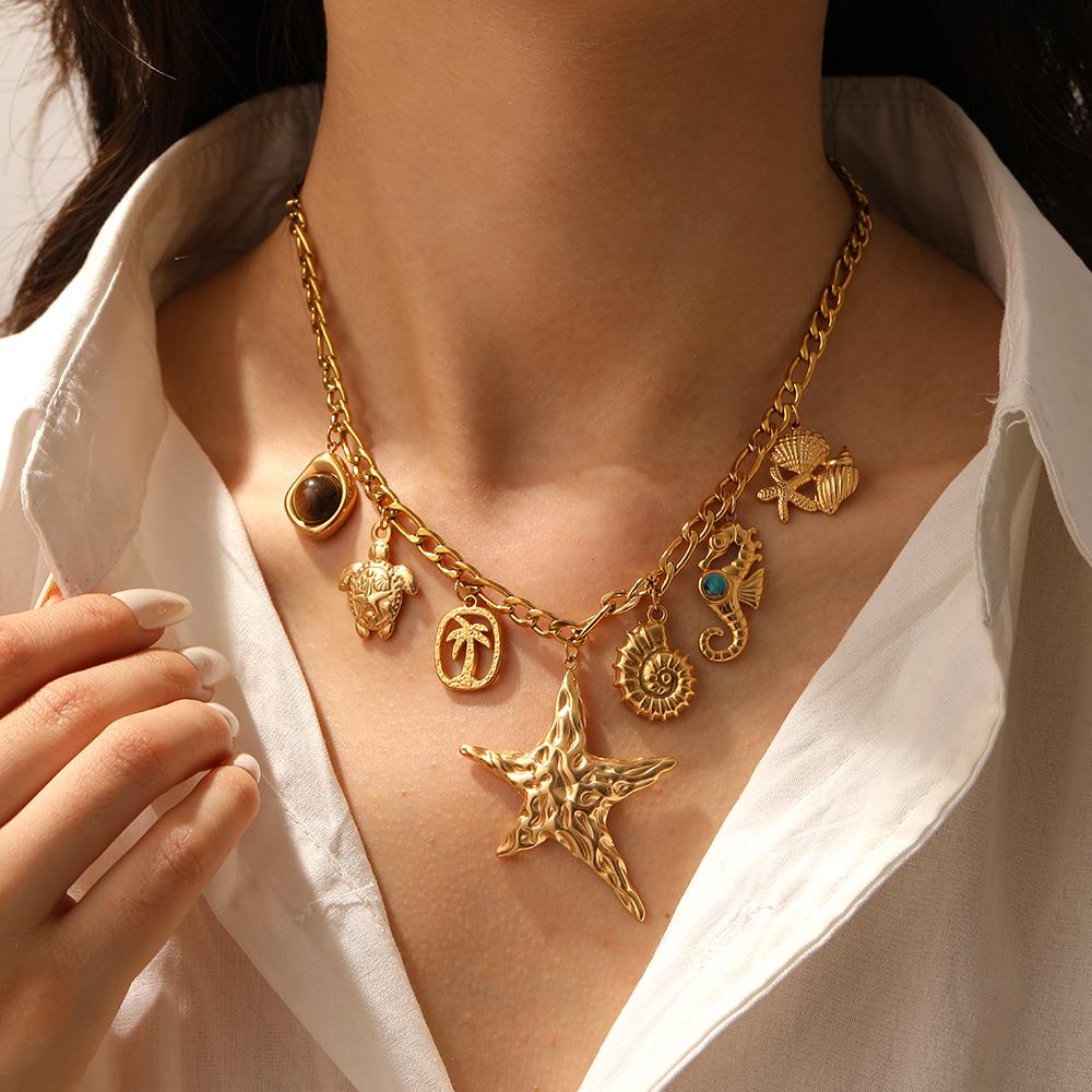 DIEYURO 316L Stainless Steel Irregular Starfish Conch Turtle Multi Pendant Necklace Lady Fashion Ocean Neck Chain Jewelry