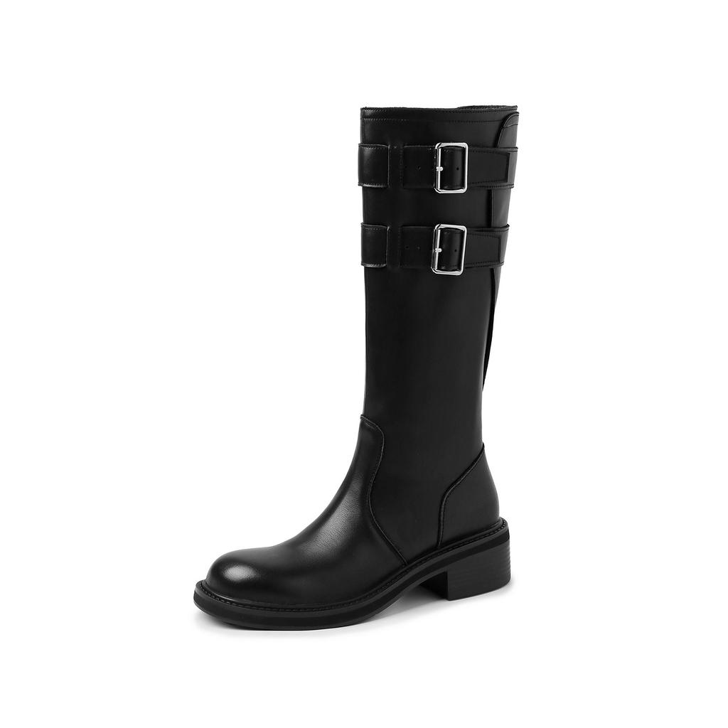 European and American Fashion Simple Cow Flip Knight Boots 2025 Autumn and Winter New Round Head Thick Heel Belt Buckle But Knee Boots