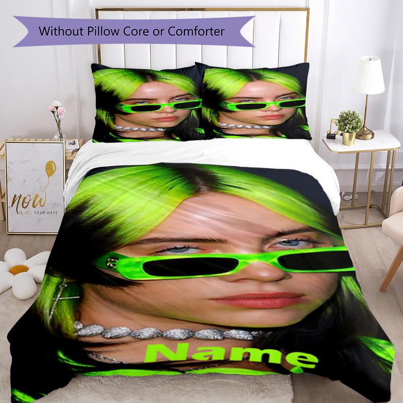 3pcs Custom Name Billie Eilish Bedding Set Duvet Cover Closure Includes 1 Duvet Cover & 2 Pillowcases, Soft and Comfortable for All Seasons.