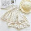 Girls Summer Hollow Out Peter Pan Collar Polka Dot Top With Daisy Embroidered Shorts Two Piece Set