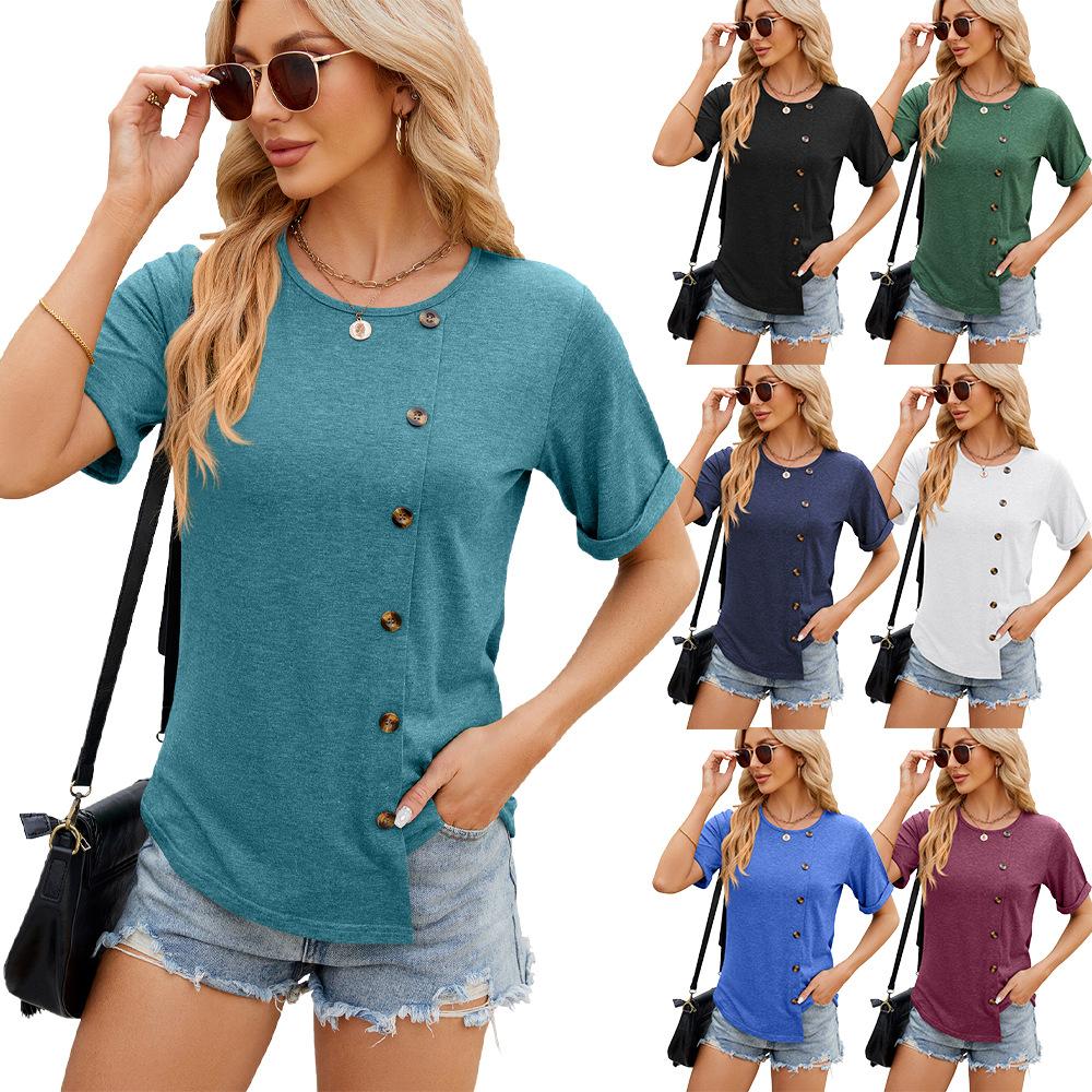 

Europe, America spring and summer new solid color round neck button irregular hem short sleeve T-shirt S білий