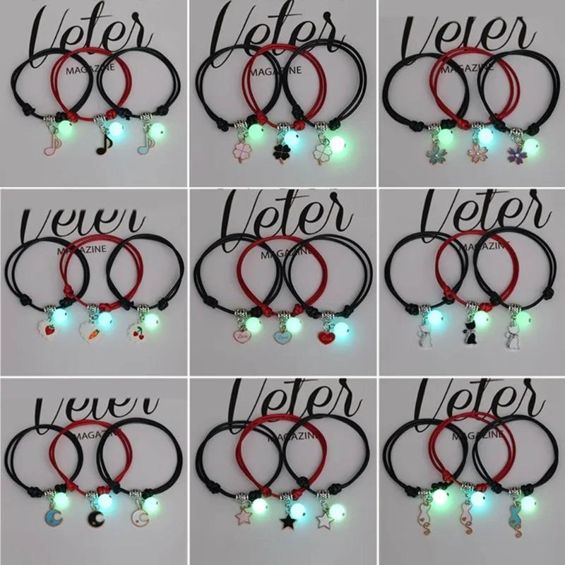 3 Pcs/set Luminous Beads Bracelet Hand-woven Love Star Moon Cat Sisters Novel Luminous Bracelet Adjustable Hand Rope