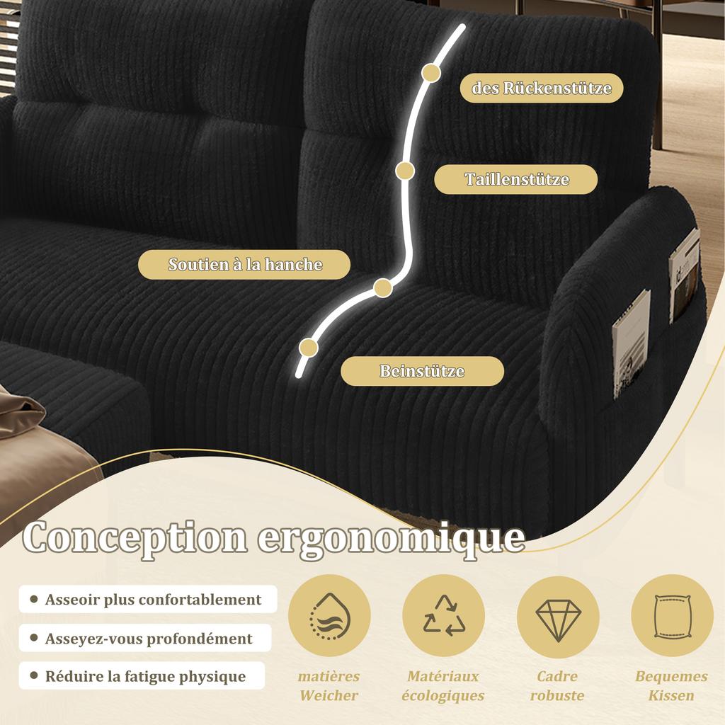 Zweisitzer aus Cord, Komfortpolsterung, Hohe Rückenlehne & Seitentaschen, Metallfüße, Einladende Weichheit, Optimaler Halt, Perfekt für Home-Office-Lounges
