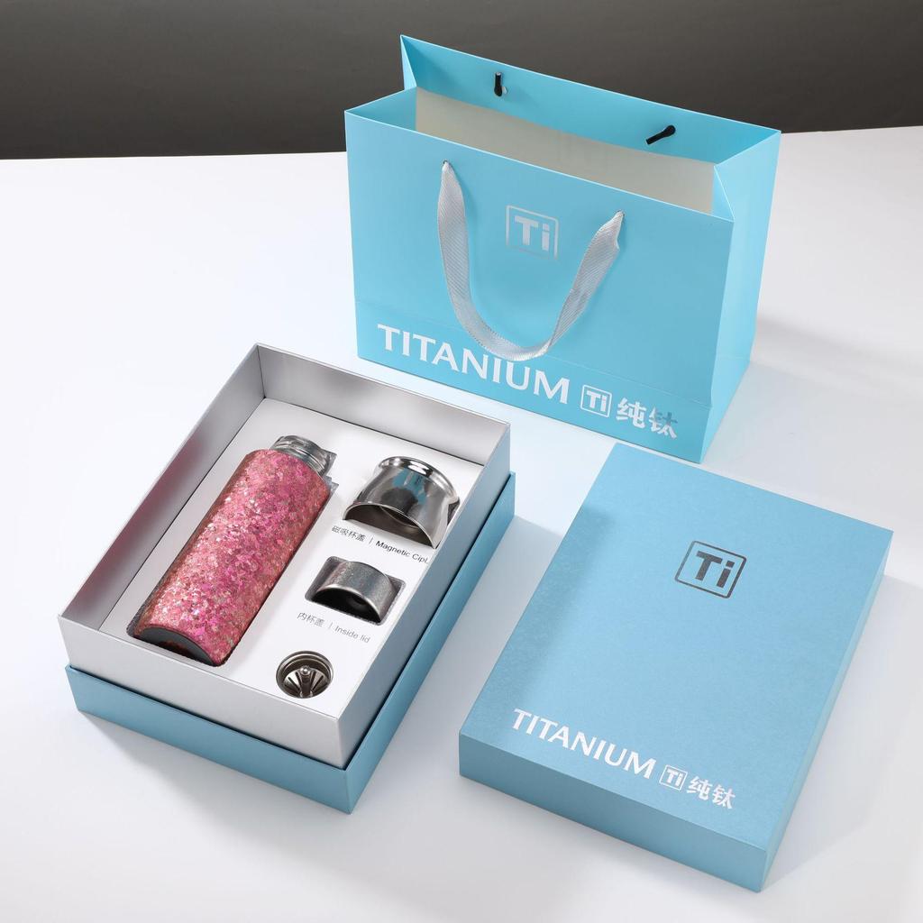Pure Titanium Insulated Cup with Magnetic Lid - Antibacterial Tea & Water Separation, Direct Lift, Gift Box Packaging for Business or Health Use.