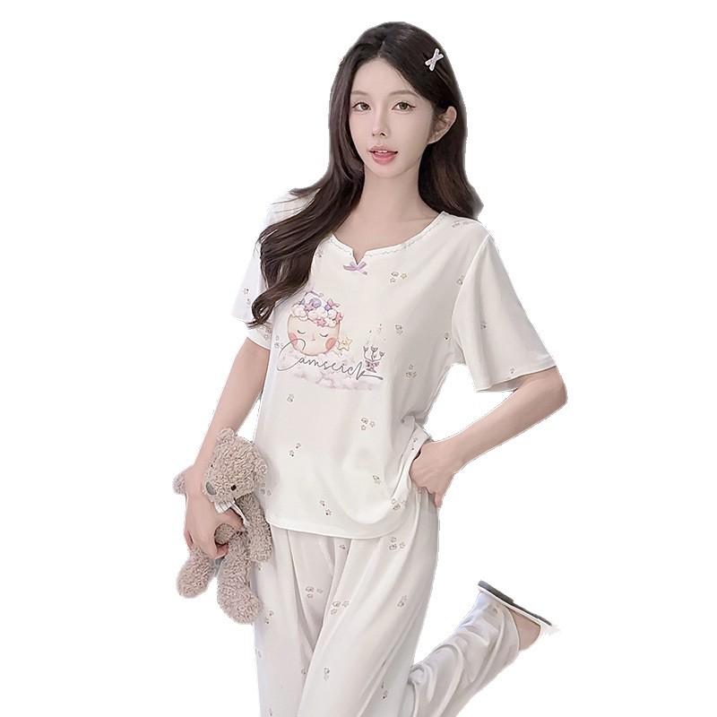 Oh Mi Da Premium Pajamas Women's Xia Modal Cotton Sweet Wind Star Printing Short Sleeve Outside Loungewear Set