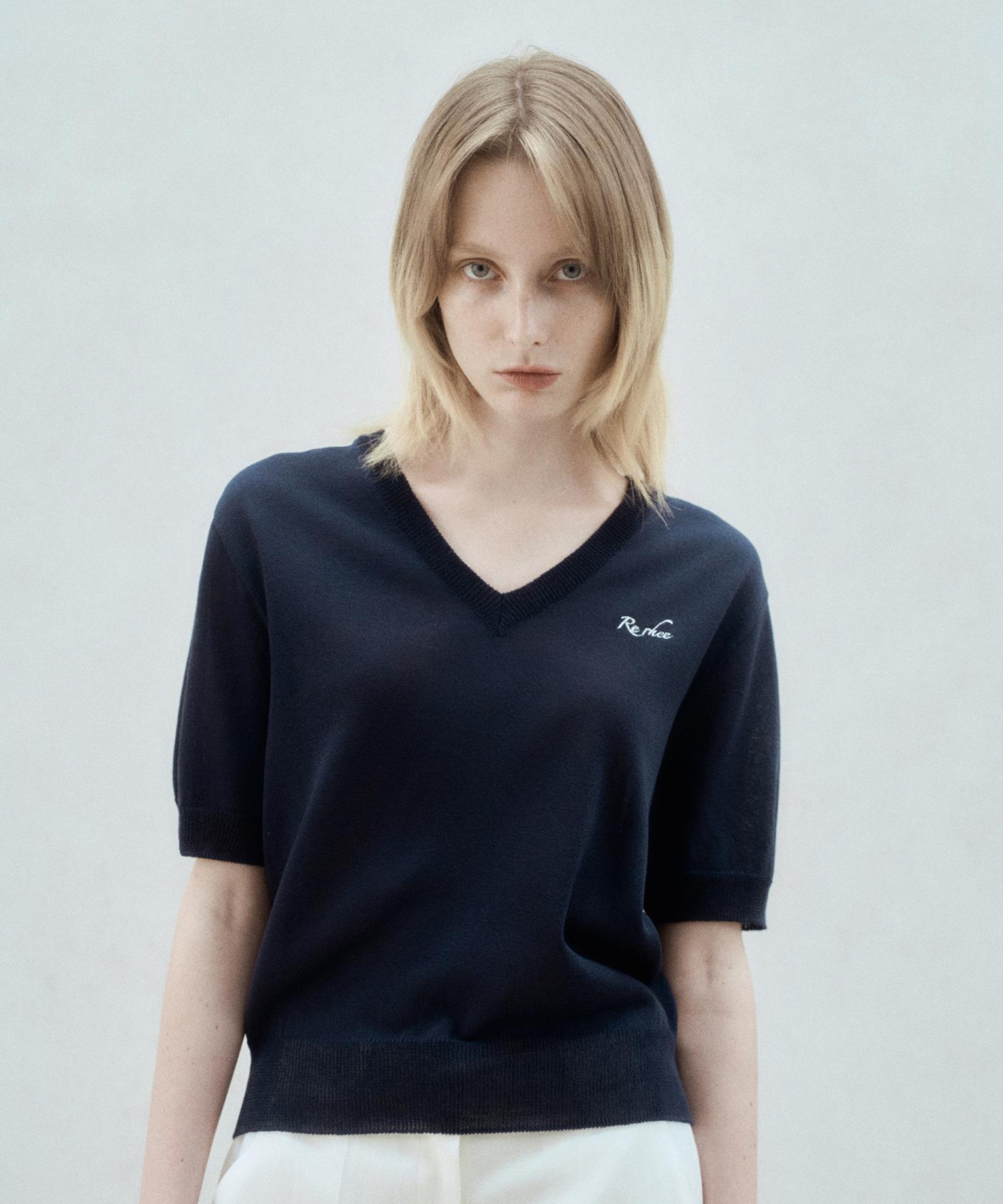 Rie V Neck Logo Embroidered Knit Top Navy Navy/S_M