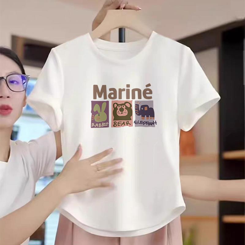 

European station front shoulder curved hem pure cotton short-sleeved t-shirt women s 2025 summer new round neck short half-sleeved top M