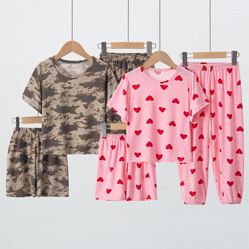 3pcs Summer Children's Printing Short-sleeved Shorts 9 Pants Suit Boys and Girls Comfortable Pajamas Can Be Worn Outside