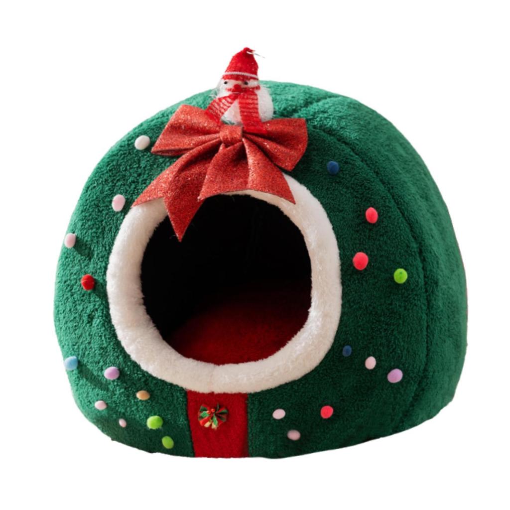 Plush Christmas Cat House Cozy Cave Bed Enclosed Tent for Indoor Cats Pet Gift Bedding for Winter Holidays