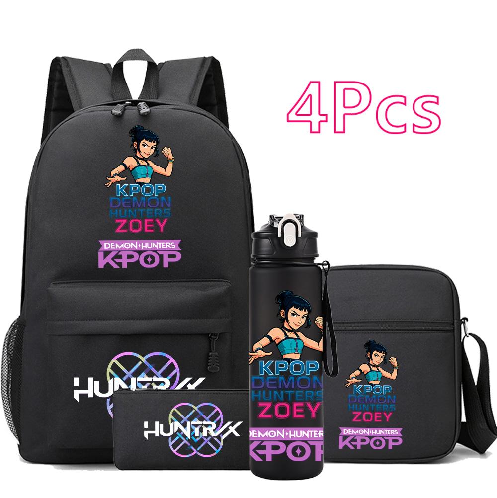 4Pcs/set Anime Demon Hunters Printed Backpack Bookbag Shoulder Bag Case Bag with 750Ml Water Bottler for Boy Girl Large Capacity Schoolbag