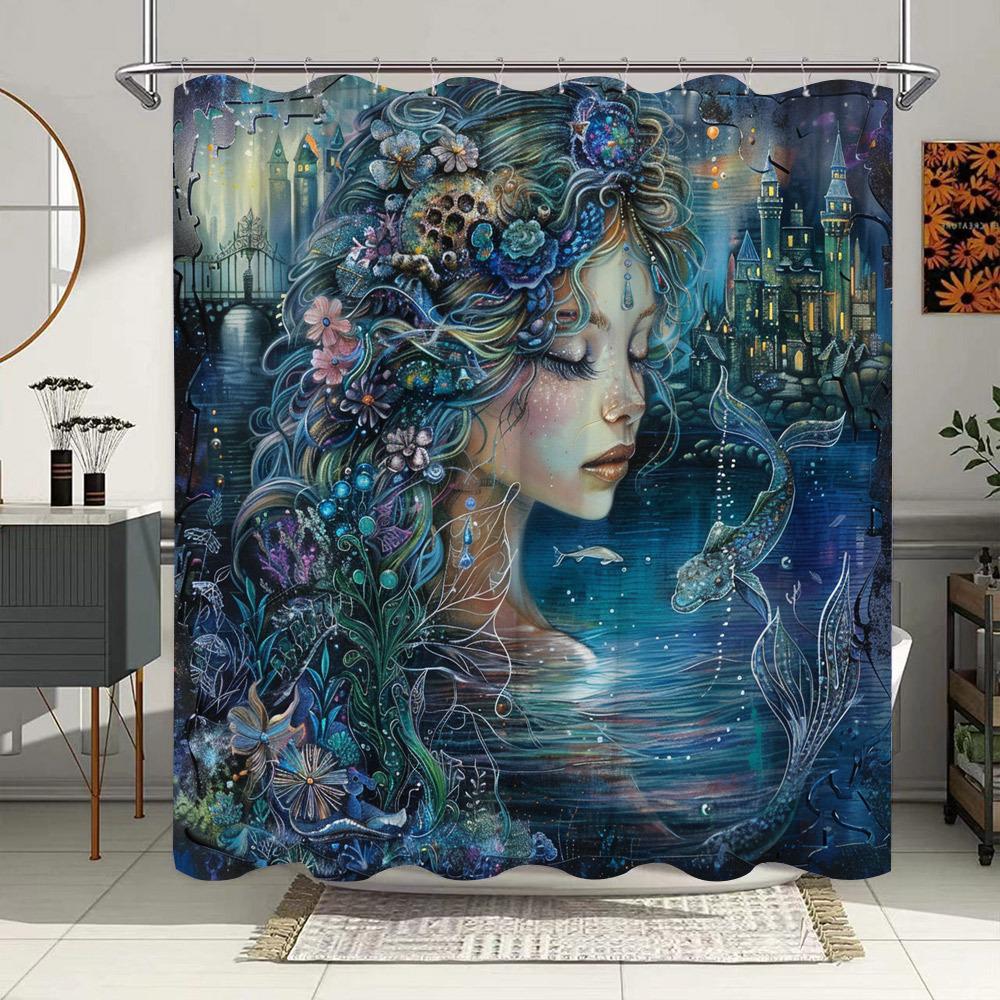 

Enchanted Mermaid With Floral Crown Waterproof Shower Curtain For Modern Bathroom Decor,Stylish And Durable,Perfect For Home Use W60H190(CM)-1 Pcs