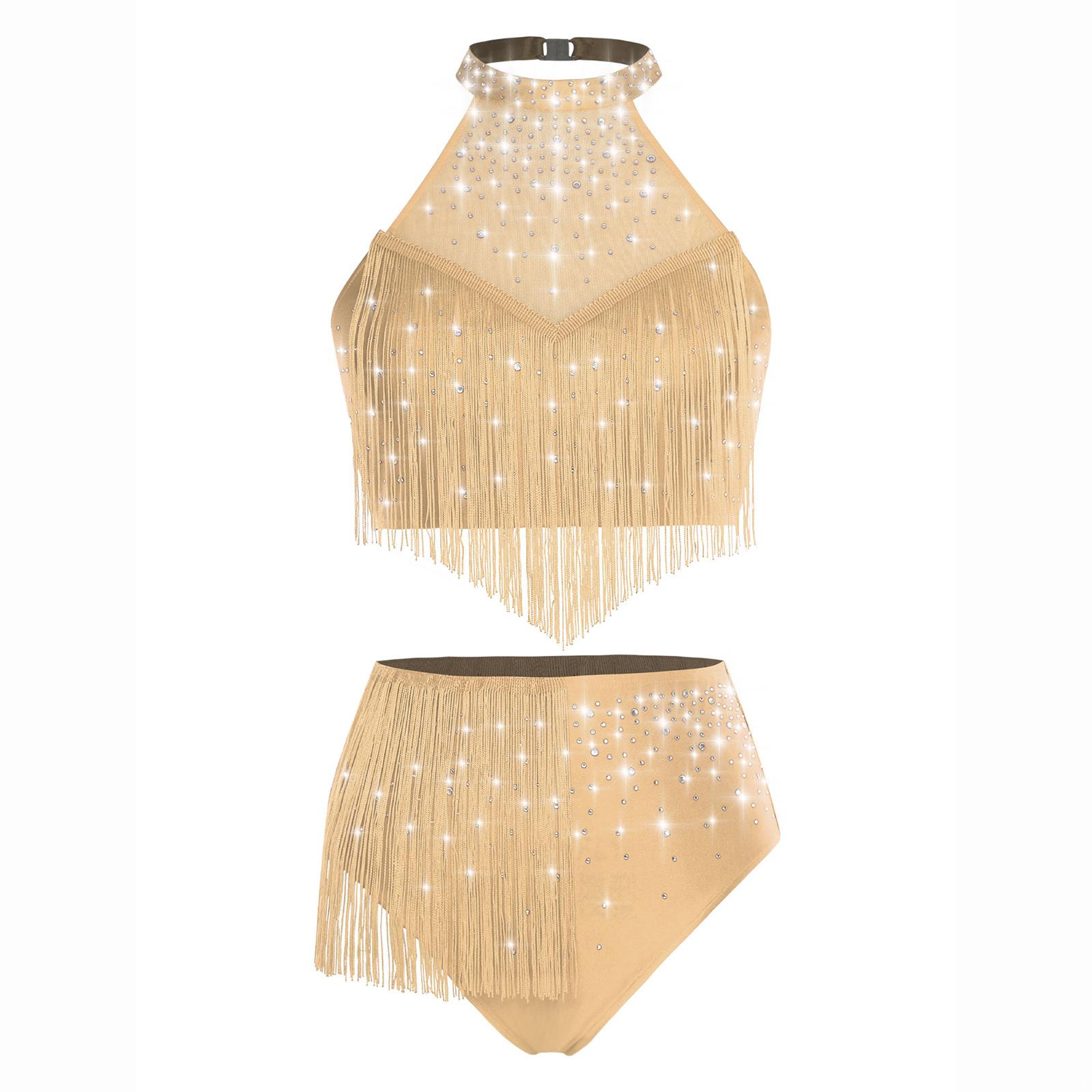 

Womens Samba Dance Outfit Halter Sheer Mesh Crop Top Tassel Underwear Shorts Shimmery Rhinestones Belly Dance Costume S