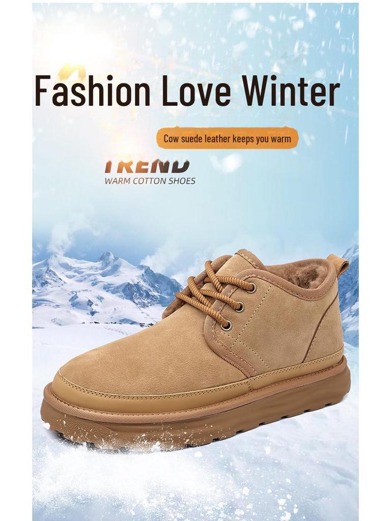 Men's Velvet-Lined Leather Snow Boots - Warm, Non-Slip, High-Top, Thick Sole, Large Size (8509)