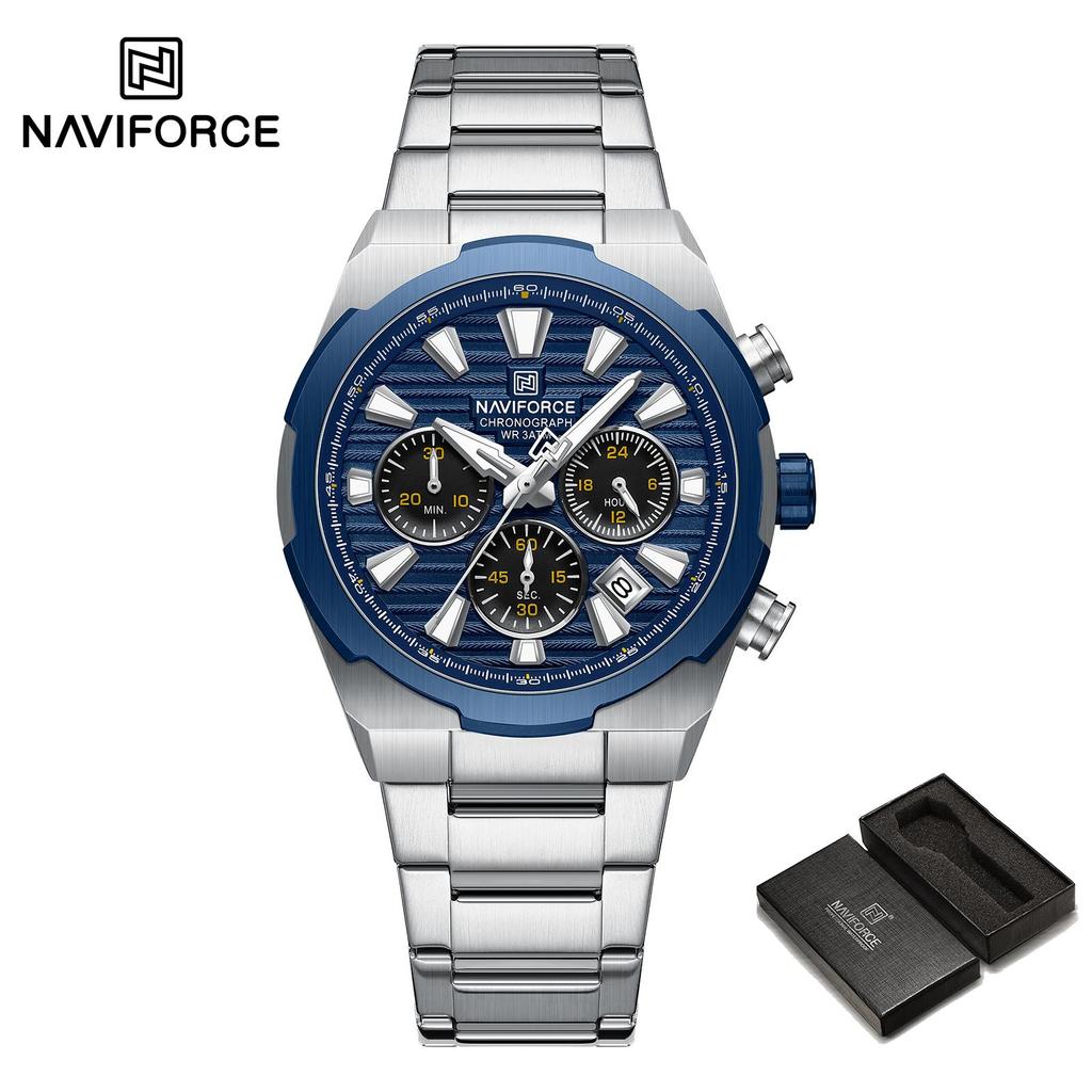 NAVFIROCE Original Men Quartz Watch Stainless Steel Strap Stopwatch Chronograph Date Waterproof Luminous Pointer Men Fashion Watch NF8081