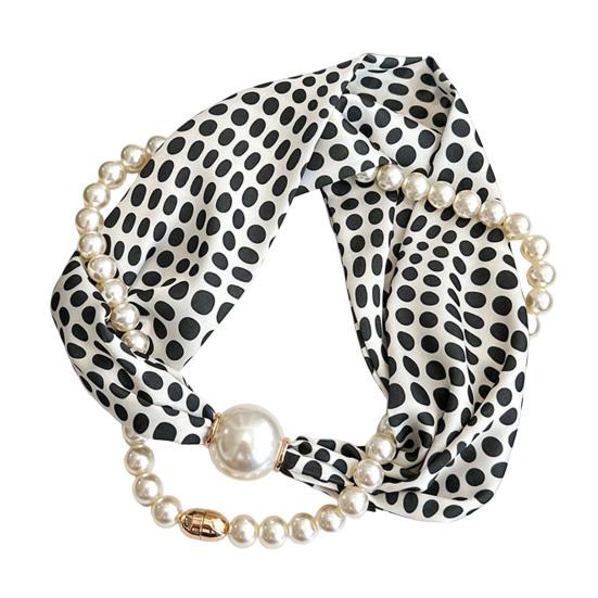 

Women Scarf Striped Print Imitation Pearl Magnetic Buckle Soft Smooth Texture Summer Scarf Versatile Thin Neckwear