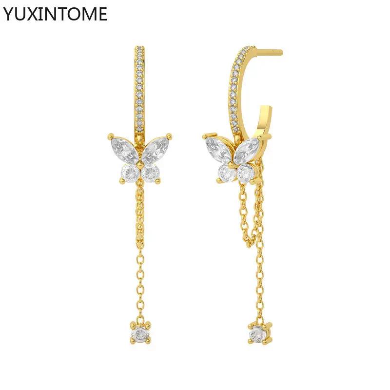 925 Silver Ear Needle Long Chain Tassel Butterfly C shape Stud Earring for Women White Zircon Earrings Luxury Jewelry