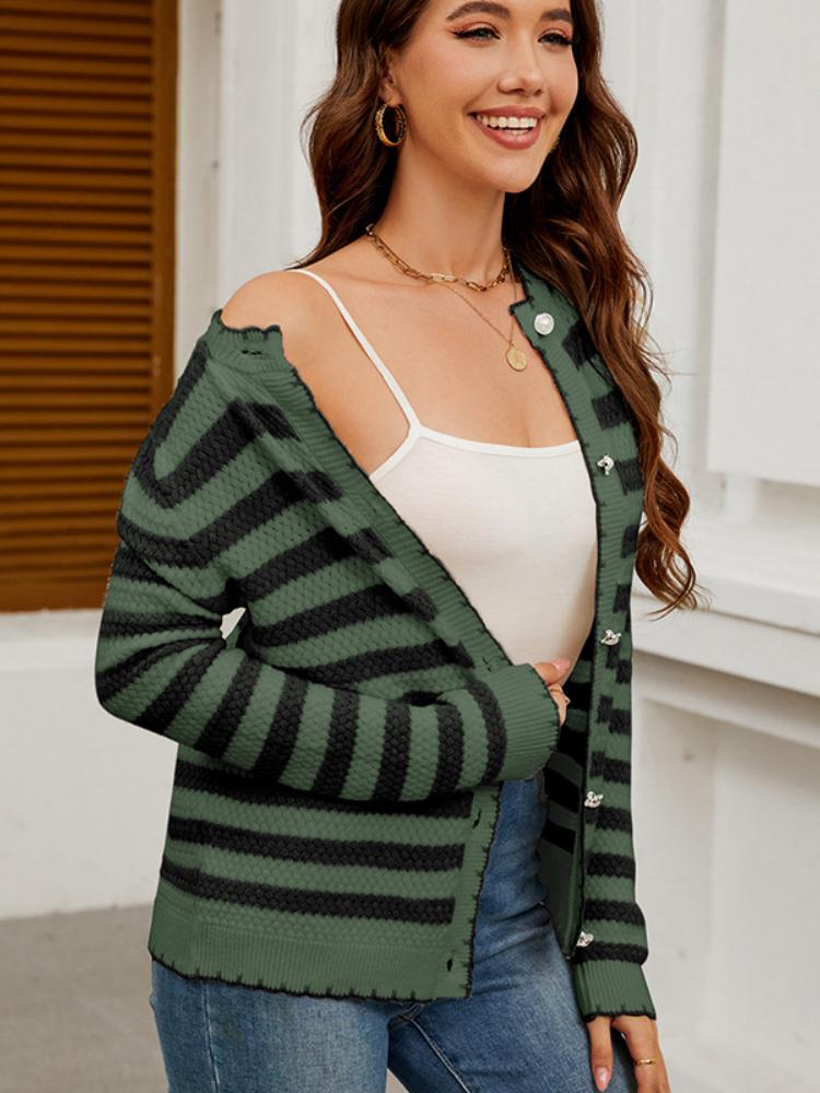 

Женский полосатый свитер на пуговицах, вязаный кардиган-жакет для осени и зимы XL зелёный